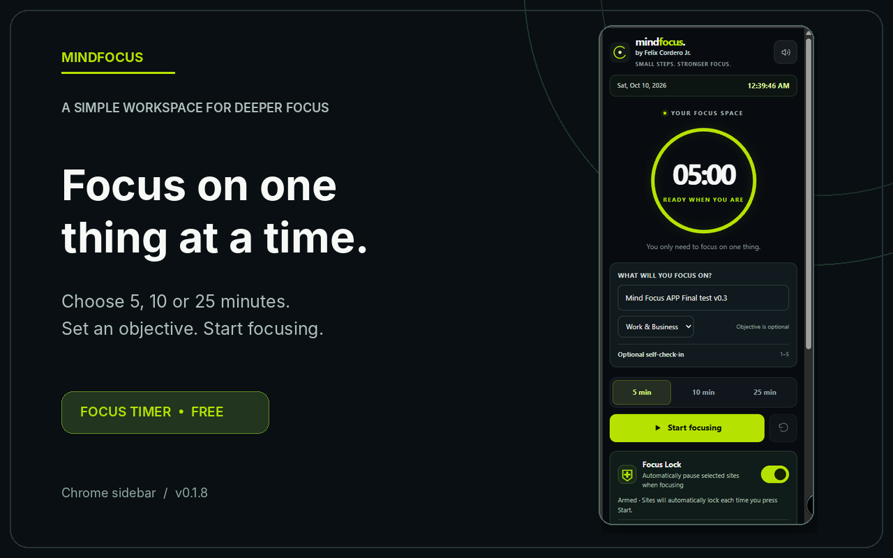 MindFocus focus timer and objective interface, shown alongside product messaging