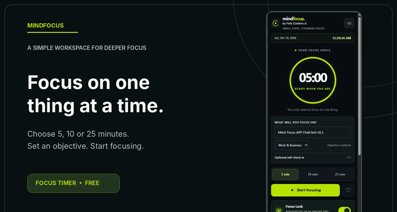 MindFocus Chrome sidebar focus timer and session objective interface preview
